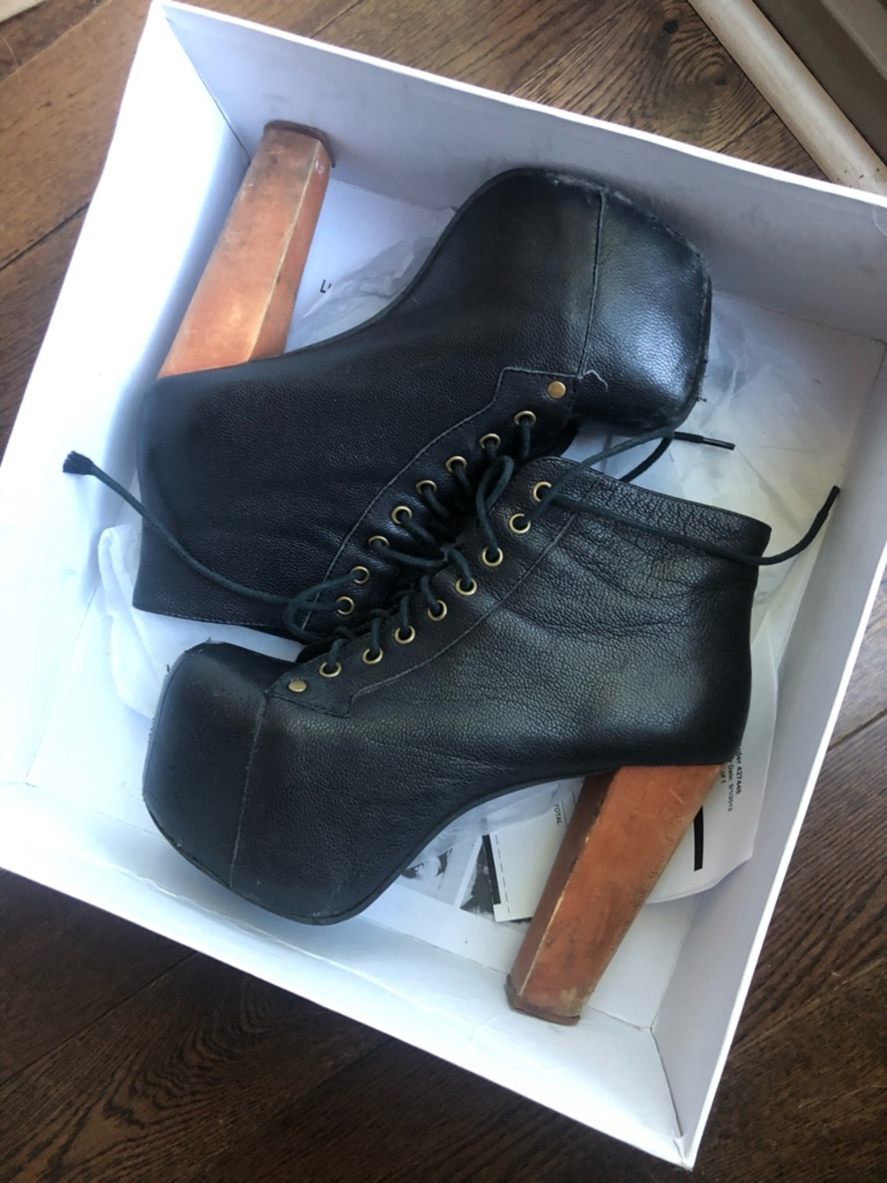 Jeffrey Campbell Black Leather Lace-Up Platform Ankle Boots with Wood Heel